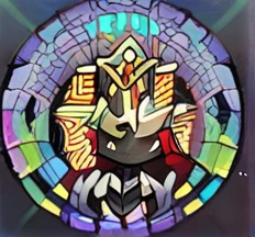 There is a king wearing a crown and he has glowing yellow eyes and he is also wearing a cape.