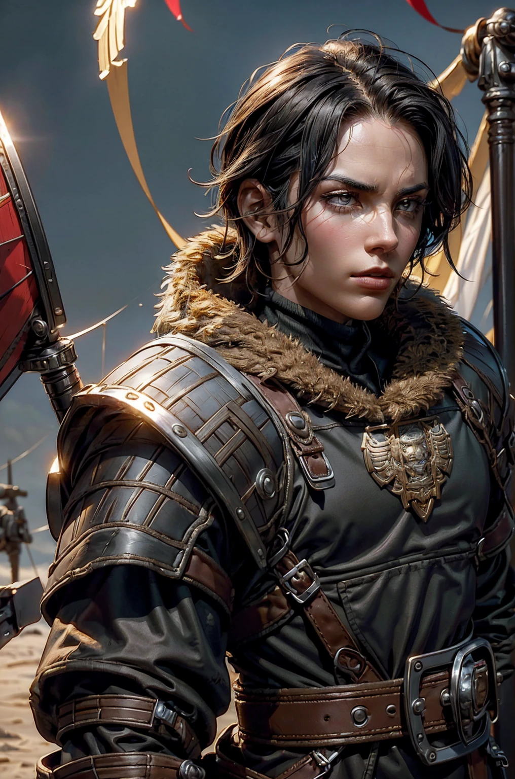 Holding a trangular kite shield with a painted emblem of a sword with a golden sunburns on the shield a Man with a Short military buzz cut hair. A man with Dark-hair, muscular, with a fierce severe serious expression on his face, a five-o-clock shadow of a beard on his face. He's a soldier in red gold and silver armor with a kite shield with an emblem of a sword with a sunburst behind it on a red background. With a golden lion pauldron on one shoulder