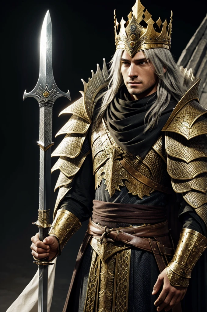 The Nameless King is a tall being armored in golden armor adorned with dragon scales.. He also wears a crown very similar to that of the First Lord.,[1] thus showing his status as king.

Your face is partially covered by a handkerchief or scarf, and her hair is ash color. Wields a great spear-sword 