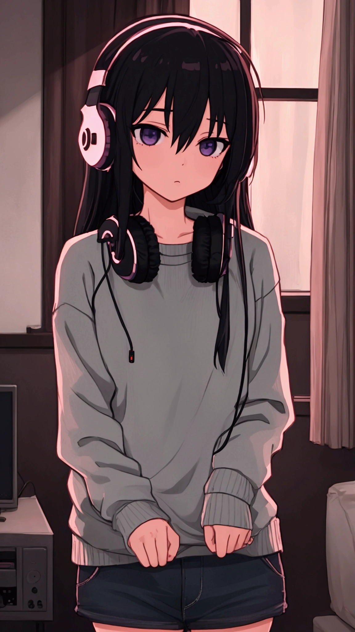 night、Girl listening to music in a cozy room, Using headphones, 2D-style animation, Lo-Fi, High resolution, Dark Environment