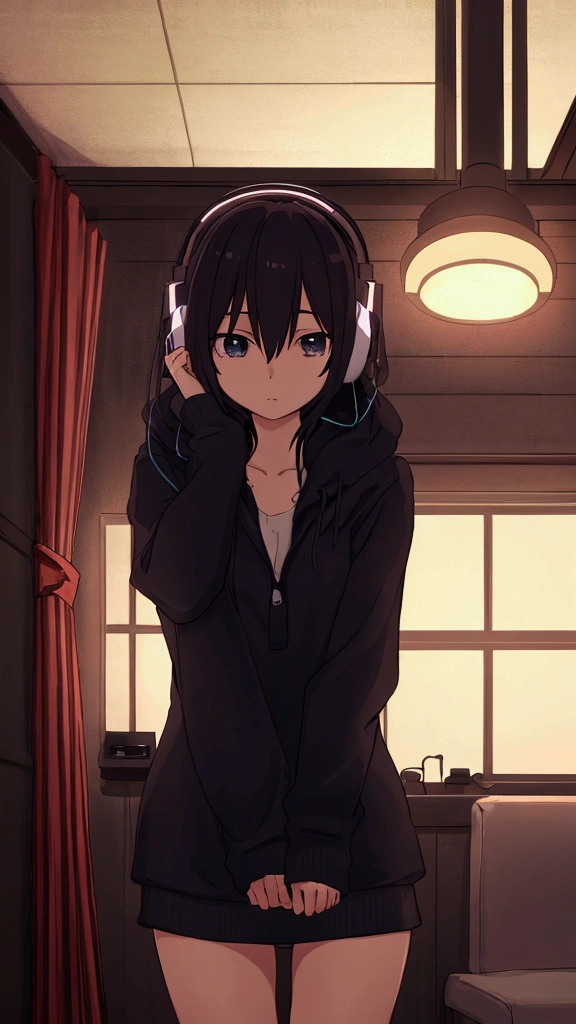 night、Girl listening to music in a cozy room, Using headphones, 2D-style animation, Lo-Fi, High resolution, Dark Environment