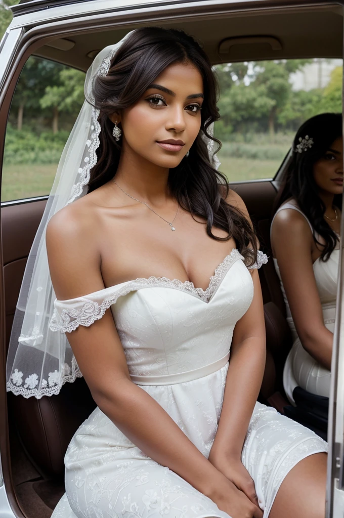 Create a picture of a brown hared women sitting in a car in a white wedding dress 