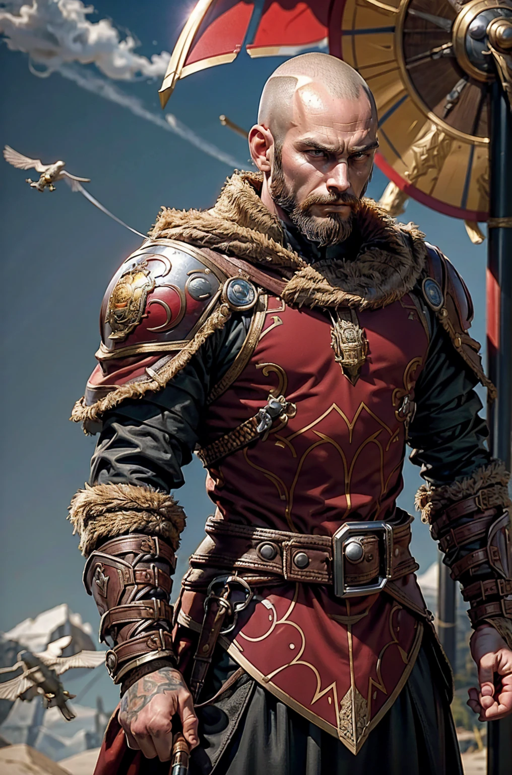 Short military buzz cut hair. A man with Dark-hair, muscular, with a fierce severe serious expression on his face, a five-o-clock shadow of a beard on his face. He's a soldier in red gold and silver armor with a kite shield with an emblem of a sword with a sunburst behind it on a red background. With a golden lion pauldron on one shoulder
