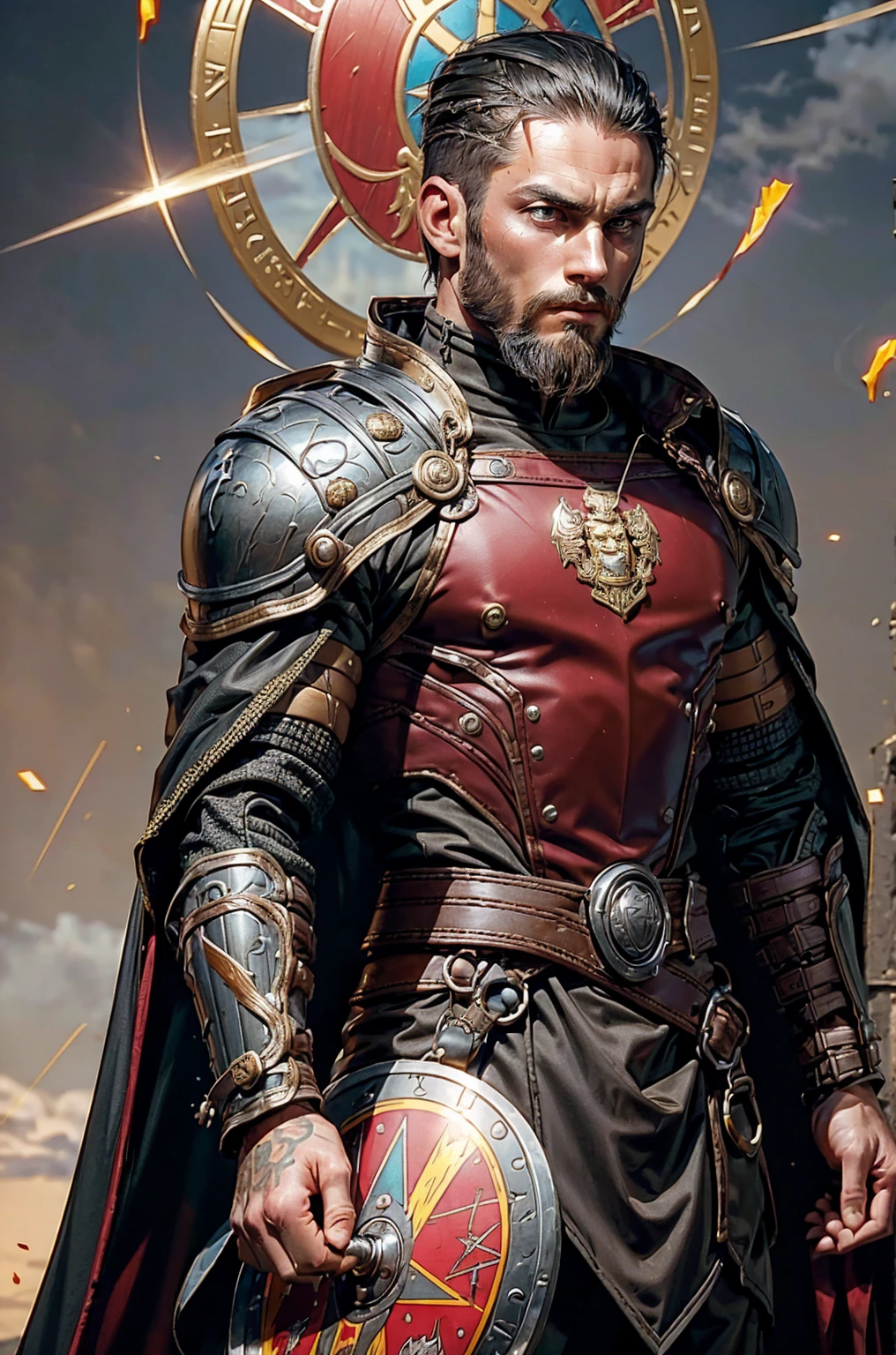 Short military buzz cut hair. A man with Dark-hair, muscular, with a fierce severe serious expression on his face, a five-o-clock shadow of a beard on his face. He's a soldier in red gold and silver armor with a kite shield with an emblem of a sword with a sunburst behind it on a red background. With a golden lion pauldron on one shoulder