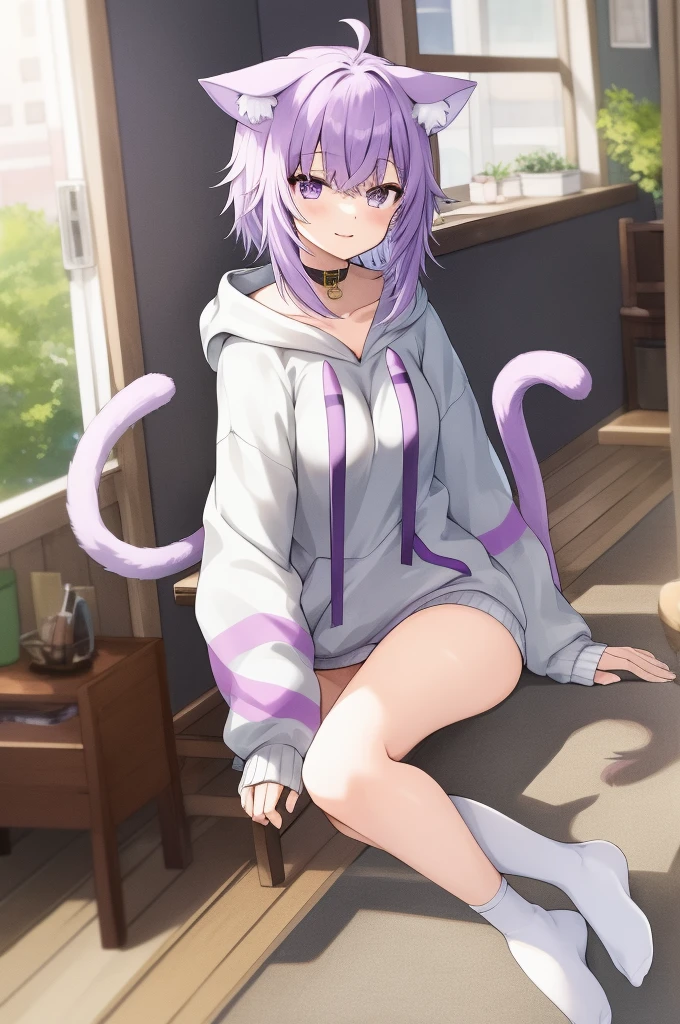masterpiece, Best Quality, Anime, 1girl in, Solo, nekomata okayu, hoodie, white legwear, cat tail