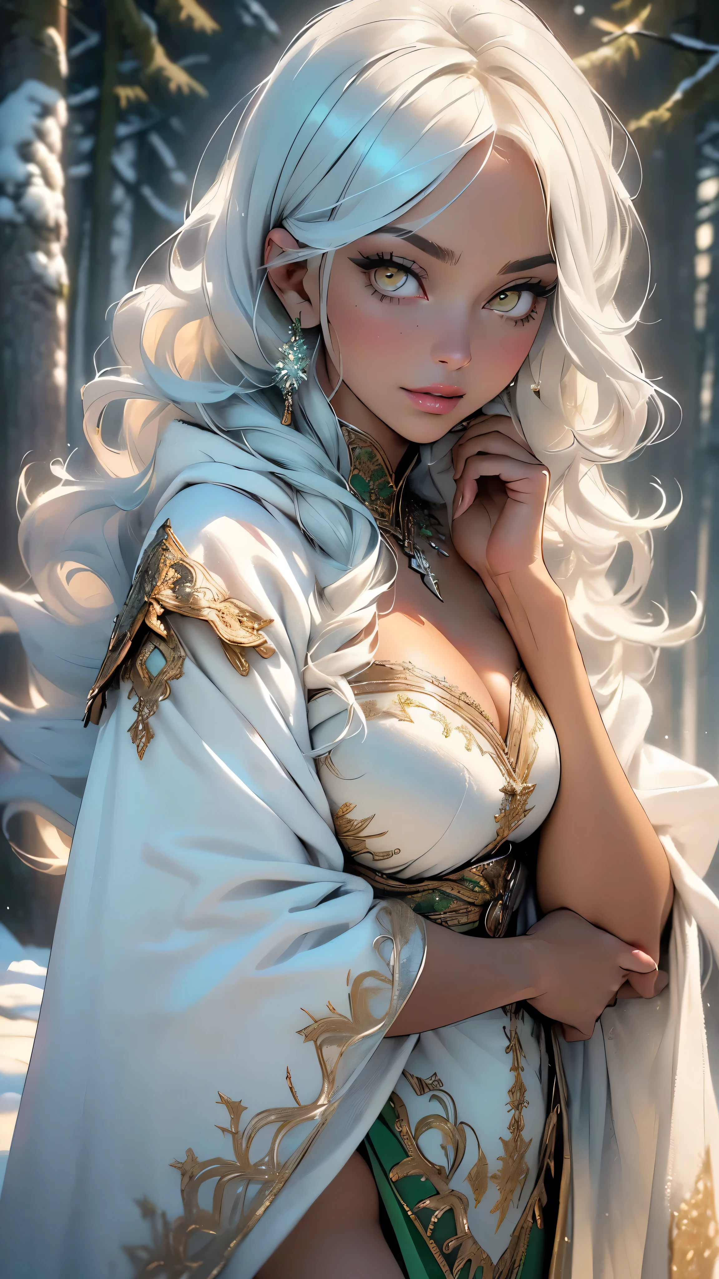 woman,1female,((milf,mom,mature,mature woman,45 years old female,adult)),(large breasts:1.5),saggy breasts,(((white hair:1.4,straight hair,long hair:1.4,colored inner hair))),((yellow_eyes:1.3)),intricate eyes,beautiful detailed eyes,symmetrical eyes,((((dark skin:1.4,lustrous skin:1.5,bright skin: 1.5,skin tanned,shiny skin,very shiny skin,shiny body,illuminated skin)))),(spider lower abdomen,narrow waist,wide hip,bimbo body,inflated legs,thick thighs,delicate detailed fingers),(((detailed face))),
cute,slutty,sensual,seductive look,seductive,((erotic)),opulent,sumptuous,longingly,((nsfw)),
queen,goddess,fantasy,(beautiful winter silver clothes,silver silk),((strapless green dress,very long green skirt,green dress)),(silver clothes),(((ice jewelry,intricate necklace,christmas jewelry,detailed outfit))),cleavage,silver silk,((eyeshadow,elegant makeup,eyelid makeup,gold lips,gold lipstick)),((Transparent cloth:1.1)), (((Sexy white fur cloak, white fur cloak outfit, wearing a white fur cloak:1.3,winter white cloak))),green gloves,(((intricate outfit,intricate clothes,embroidered outfit,ornate outfit,embroidered clothes,ornate clothes))),
(dynamic pose:1.0),embarrassed,(centered,scale to fit dimensions,Rule of thirds),
((snowy pine forest)),winter,scenery:1.25,((intricate scenery)),((snow forest background)),
(Glossy winter ornaments),highres,sharp focus,(ultra detailed,extremely detailed),(photorealistic artwork:1.37),(extremely detailed CG unity 8k wallpaper),(((vibrant colors,vibrant theme))),(intricate),(masterpiece),(best quality),