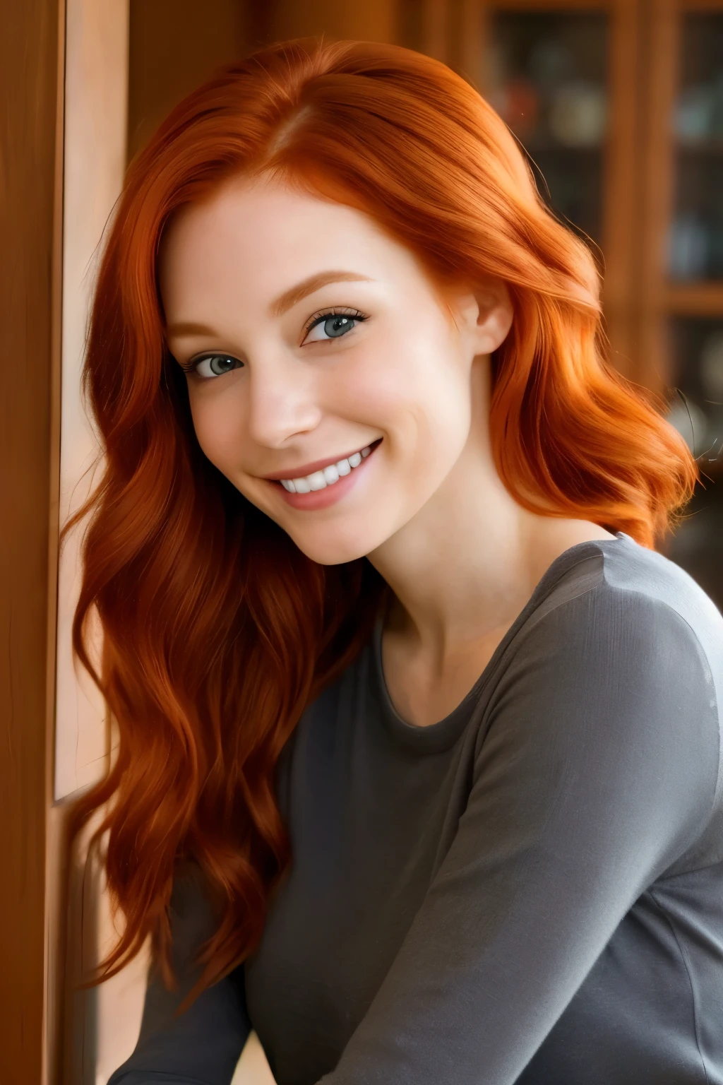 Woman, approximately 30 years old, Solo, Redhead, Face, Beautiful, Dark Eyes, Smiling. This beautiful redhead woman is captured in a solitary moment of bliss, her vibrant auburn hair cascading down her shoulders, framing her radiant face. Her eyes, a deep, captivating dark, are filled with a warm smile that radiates an inviting charm. She is dressed in an elegant yet casual outfit, showcasing her natural beauty in a realistic, high-resolution image. The richness of her red hair, the depth of her dark eyes, and the fine detail of her smiling face make this image a truly captivating masterpiece.