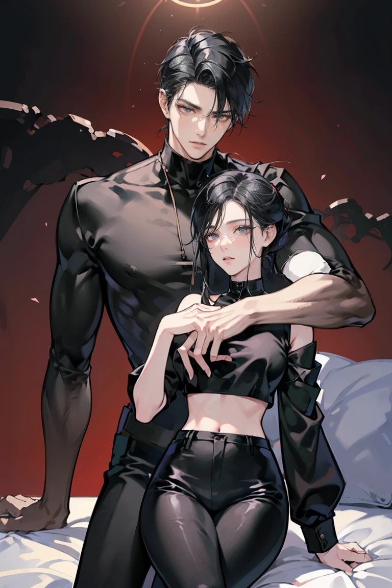 anime - (masterpiece), best quality, seductive eyes, mature face, black eyes, mid length slicked back black haircut, plain black t shirt, black pants, tall man, long legs, masculine, massive body, adult-like, full body, bad boy, there's a tall long black haired woman in the background hugging him
