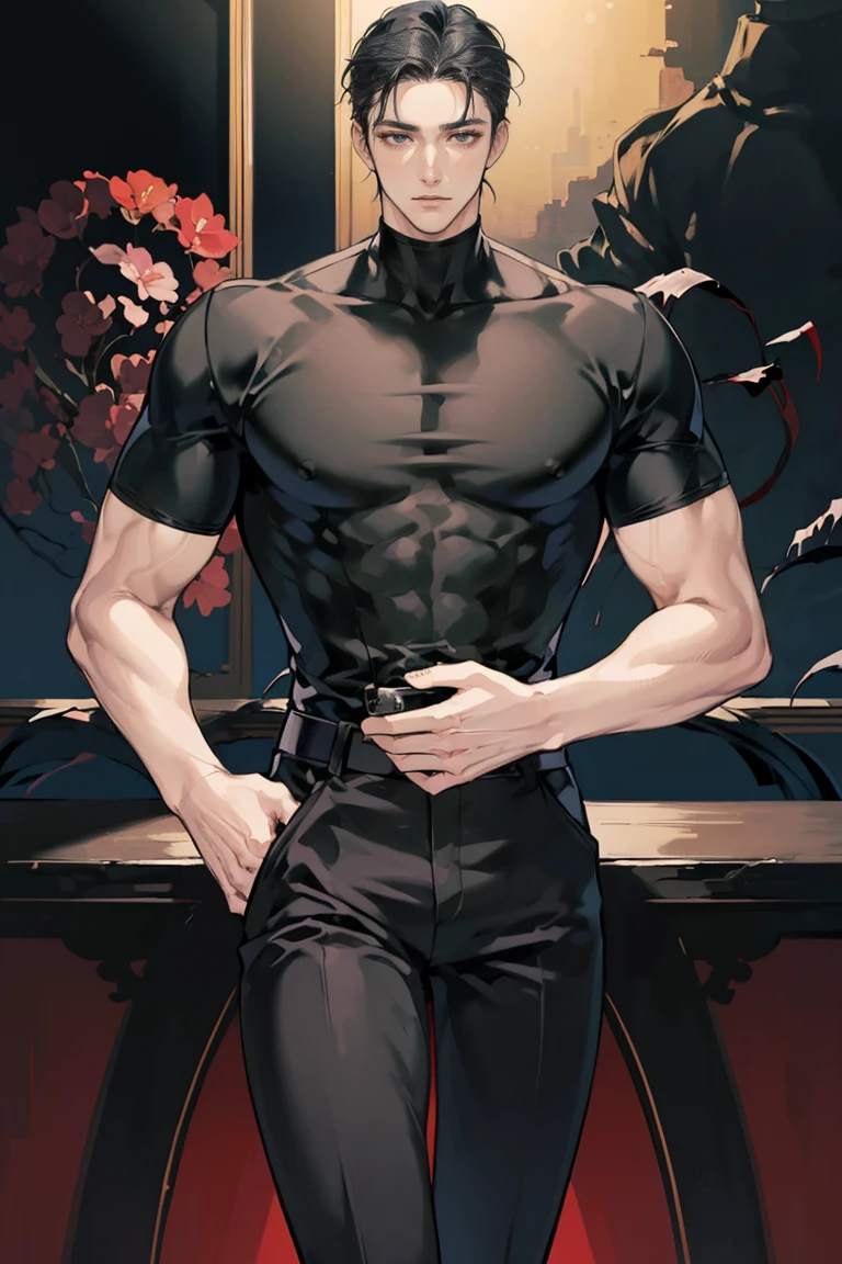 anime - (masterpiece), best quality, seductive eyes, mature face, black eyes, mid length slicked back black haircut, plain black t shirt, black pants, tall man, long legs, masculine, massive body, adult-like, full body, bad boy, there's a tall long black haired woman in the background hugging him