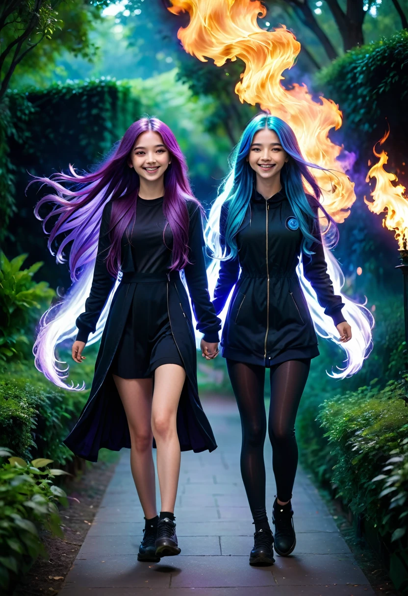 Two girls,long purple hairs,
age, walking while smiling,
Beautiful greenery in background,
Lighting in eyes.
Fire like ora, blue lighting.
Dark black colors clothes full body in thick clothes.

