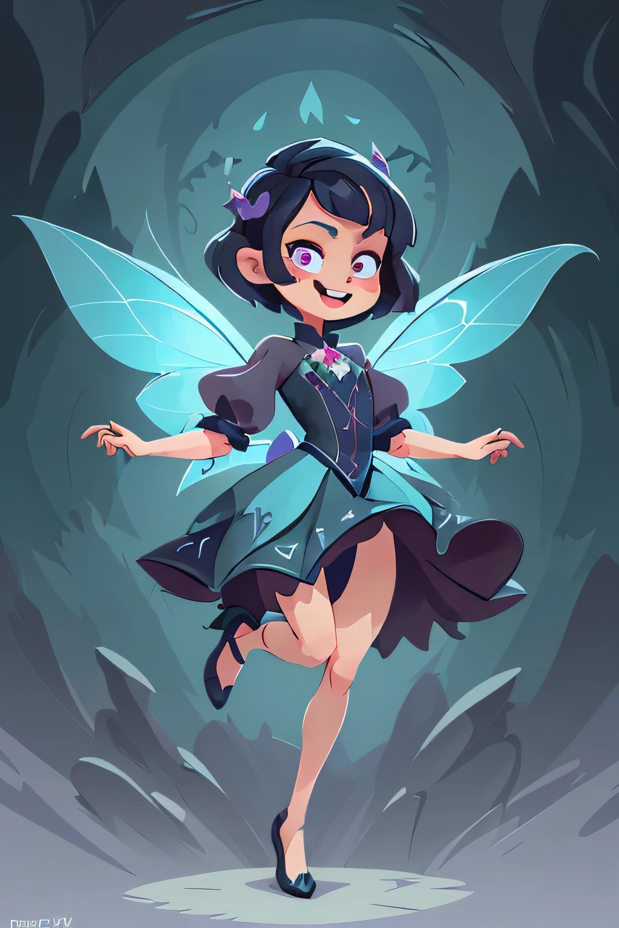 a small evil fairy, evil face, extremely detailed eyes and face, beautiful detailed lips, bad personality, full body, vector art, illustrator art style, with pretty dress, villain character, front view, with short hair, cute hairstyle, interesting hairstyle, with flying pose, smiling face, with wings, perfect shoes, (best quality, 4k, 8k, masterpiece:1.2), ultra-detailed, vivid colors, soft lighting