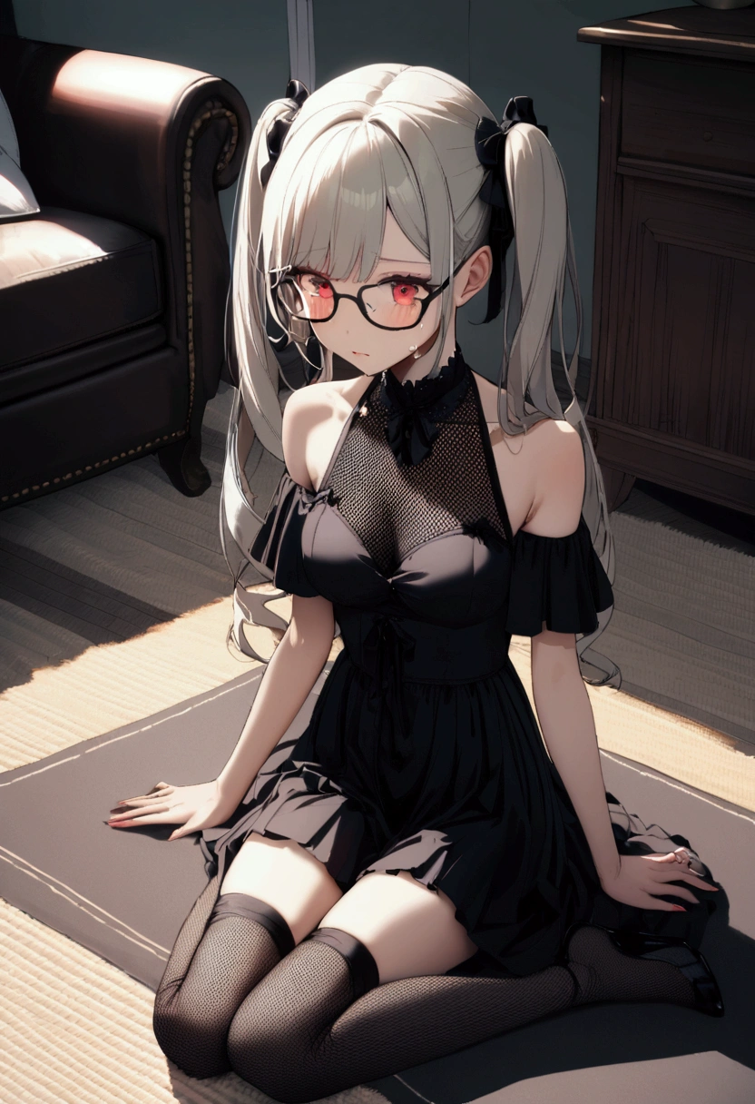 1girl, lime long hair, two pigtails, red eyes, glasses, black gotchic dress, mesh stockings, short, medium breasts, living room, sitting on floor and cry