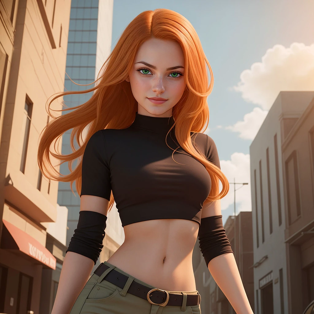 There is a woman with red hair walking down the street, Kim possible, Character is in her natural pose, Anya aus der Spy X-Familie, Deviantart ArtStation CGSCOSIETY, Realistischer Anime-3D-Stil, Sehr detaillierter Charakter, Realistischer Kunststil, Atemberaubende Charakterkunst, In SFM gerendert, photorealistic anime girl render, realistically shaded perfect body, naked body and big breasts