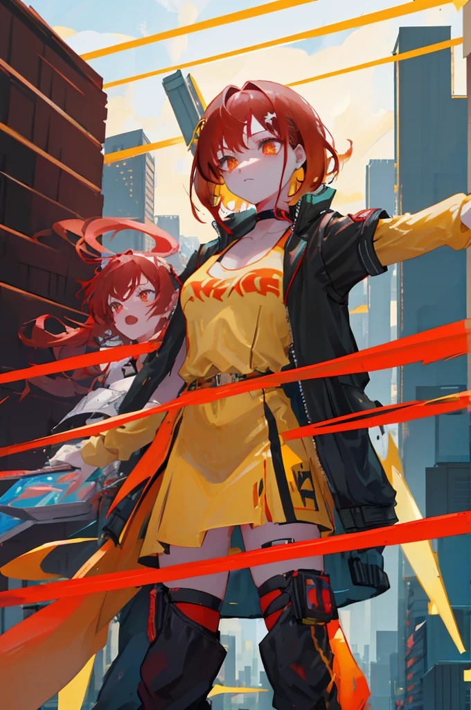 　Red Hair　Yellow Eyes　Bob　外はねBob　Confused eyes　Bob　Red Hair　Thick, vibrant red hair　Bob　whole body　female性　female　Cyberpunk Costume　Yellow costume　黄色いCyberpunk Costume　Dynamic pose　battle　electricity　Bobヘア electricityを操る