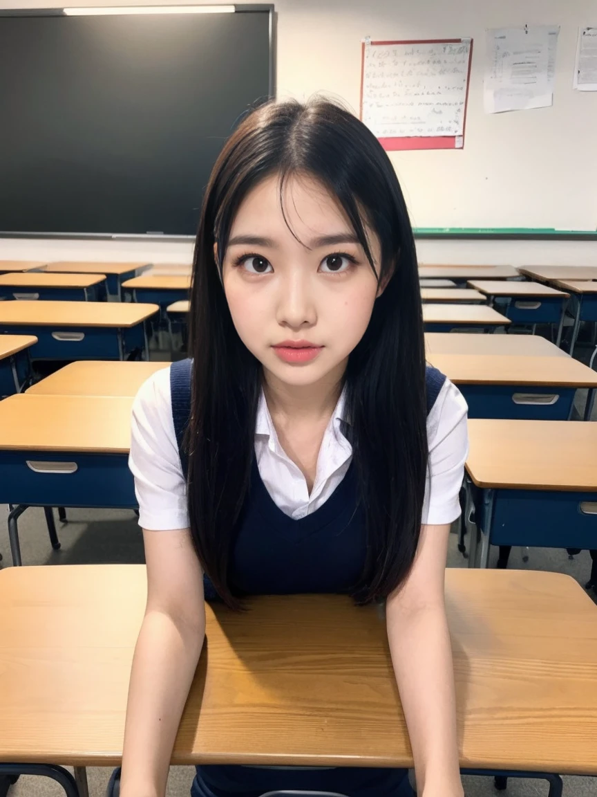 girl, Light blue long hair, Dark Blue, Sitting at the desk in the classroom，Open your thighs，black，Charming expression