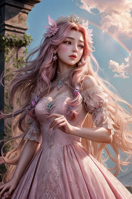 high resolution、High resolution、Beautiful woman staring into the distance、Sad look、Princess、I extend my right hand tentatively.、Dress up in a gorgeous dress、Gorgeous lace dress、Gorgeous hair ornament、Rainbow long hair、Long hair fluttering in the wind、Pink lips、