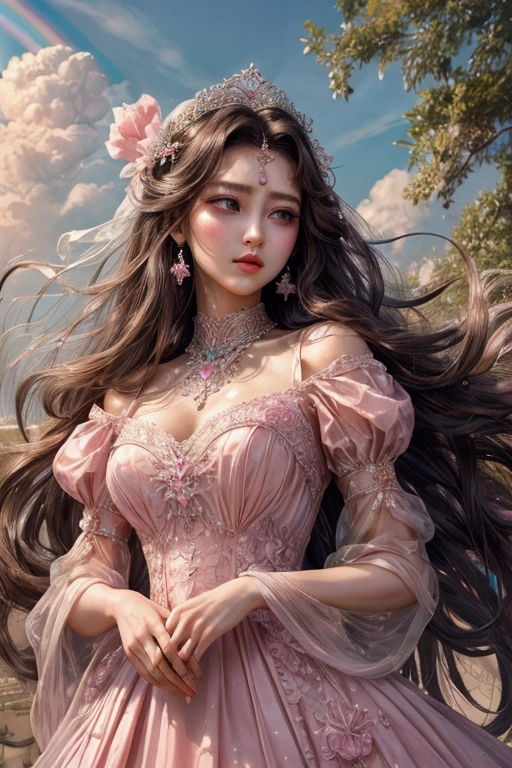 high resolution、High resolution、Beautiful woman staring into the distance、Sad look、Princess、I extend my right hand tentatively.、Dress up in a gorgeous dress、Gorgeous lace dress、Gorgeous hair ornament、Rainbow long hair、Long hair fluttering in the wind、Pink lips、