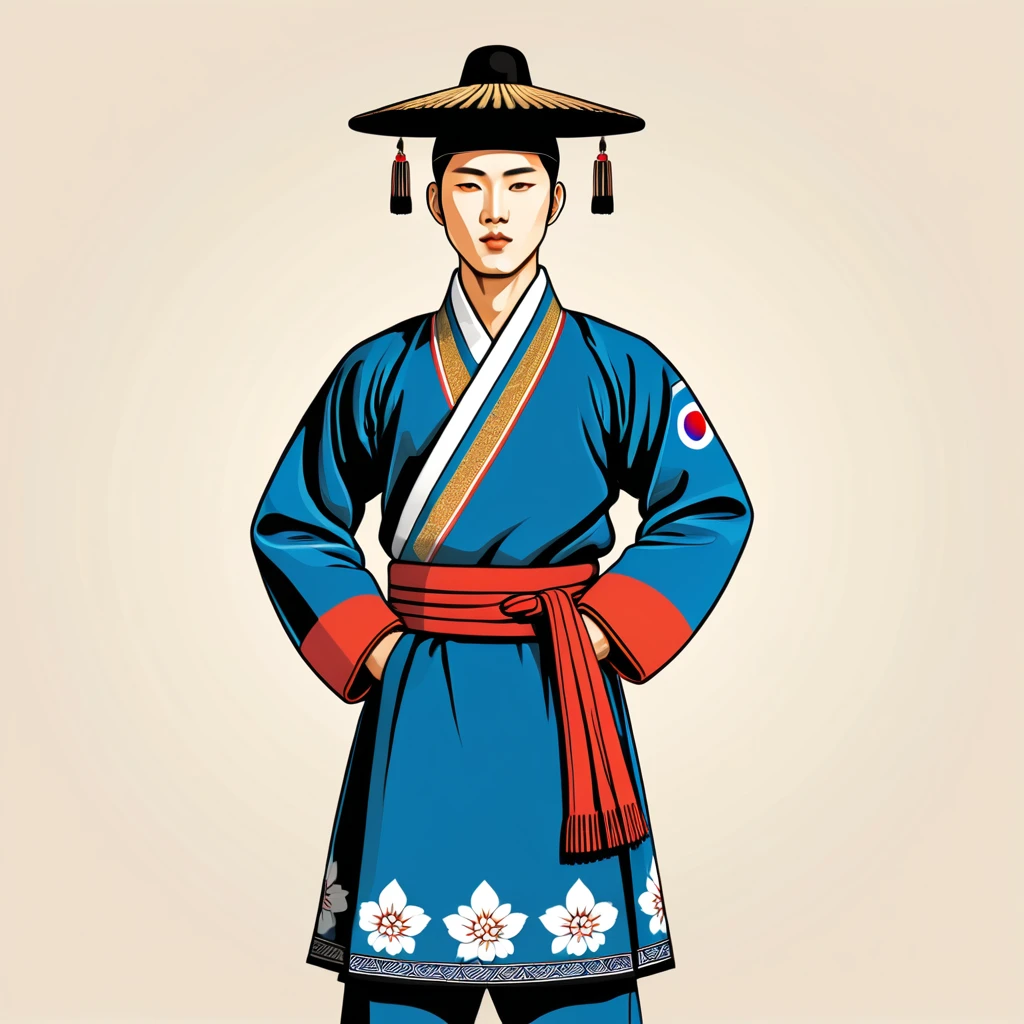 man in south korean folk outfit, vector graphics, strong contours