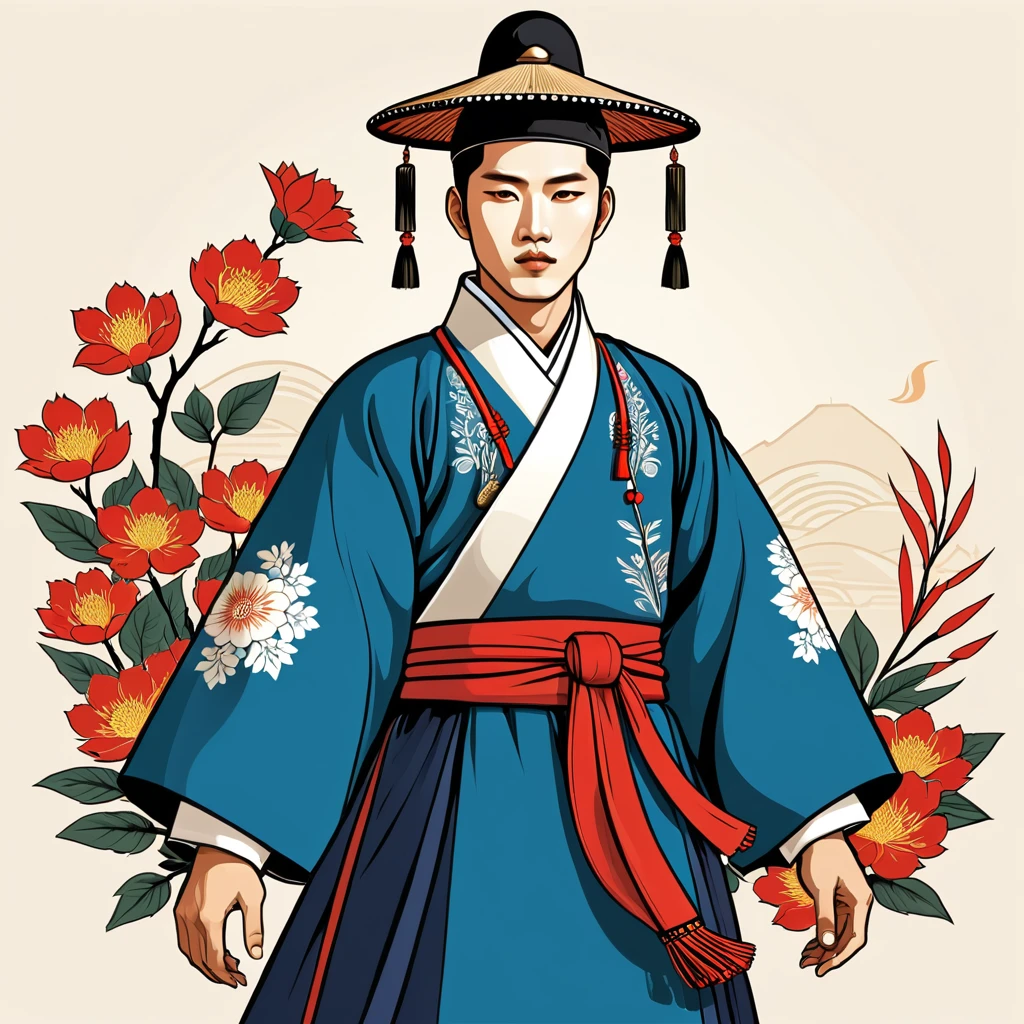 man in south korean folk outfit, vector graphics, strong contours
