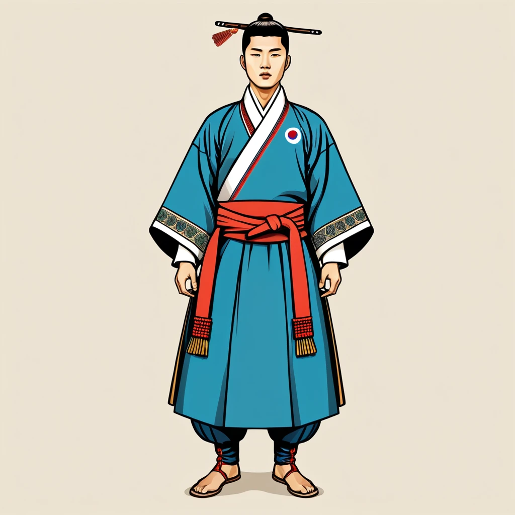 man in south korean folk outfit, vector graphics, strong contours