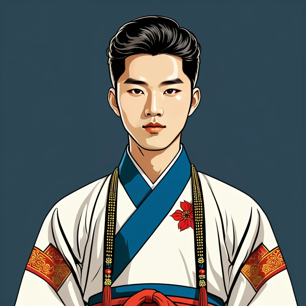 man in south korean folk outfit, vector graphics, strong contours
