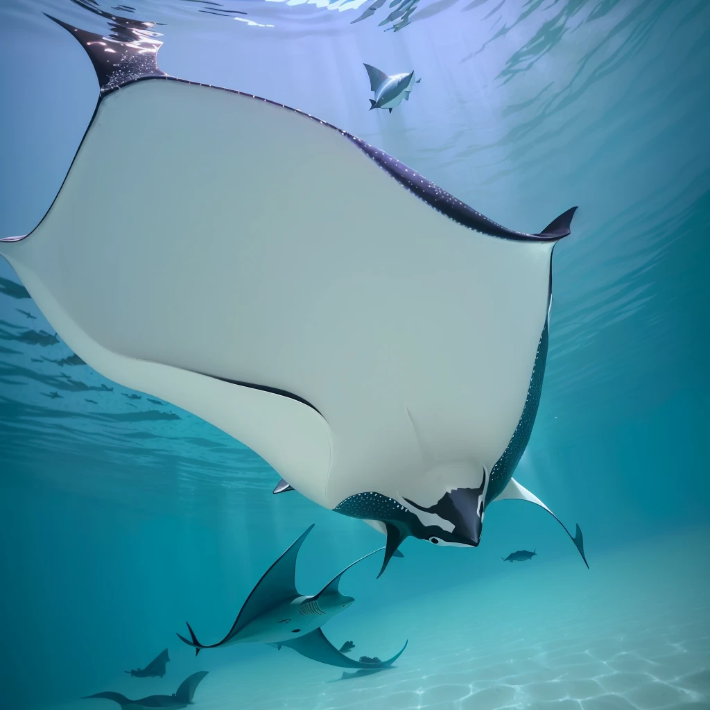 araffe in the ocean with a Manta Ray in the water, Manta Ray, stingLight, stingray, demon Light, Manta Ray made of pancake, jill stingray, View from below, Light, bottom side, Shot from below, Brian Scully, Underwater side, moonLight, reflections ray, Watch from below, author:Robert Jacobson, author:Hans Werner Schmidt