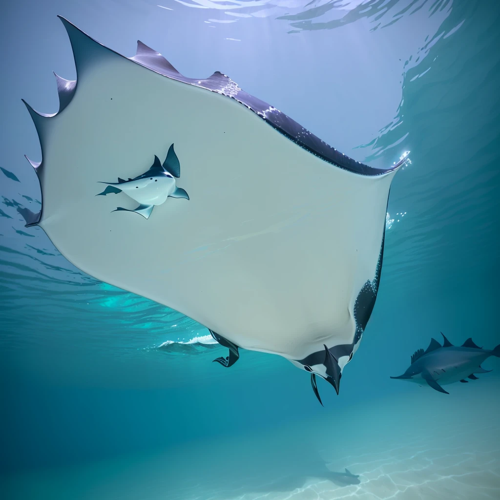 araffe in the ocean with a Manta Ray in the water, Manta Ray, stingLight, stingray, demon Light, Manta Ray made of pancake, jill stingray, View from below, Light, bottom side, Shot from below, Brian Scully, Underwater side, moonLight, reflections ray, Watch from below, author:Robert Jacobson, author:Hans Werner Schmidt
