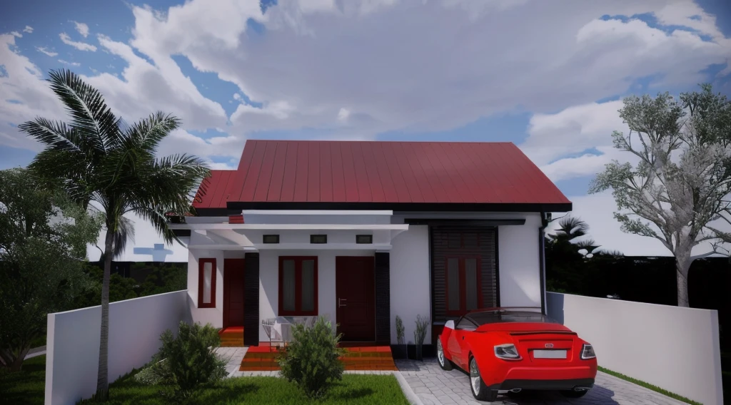there is a red car parked in front of a white house, with 3 d render, with 3d render, render amazing, front view dramatic, realistic render, front perspective, render vray, realistic 3 d render, realistic 3d render, render 3 d, very realistic render, very realistic 3 d render, 3 d vray render, 3 d render
