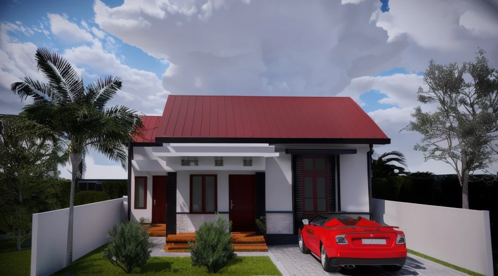 there is a red car parked in front of a white house, with 3 d render, with 3d render, render amazing, front view dramatic, realistic render, front perspective, render vray, realistic 3 d render, realistic 3d render, render 3 d, very realistic render, very realistic 3 d render, 3 d vray render, 3 d render