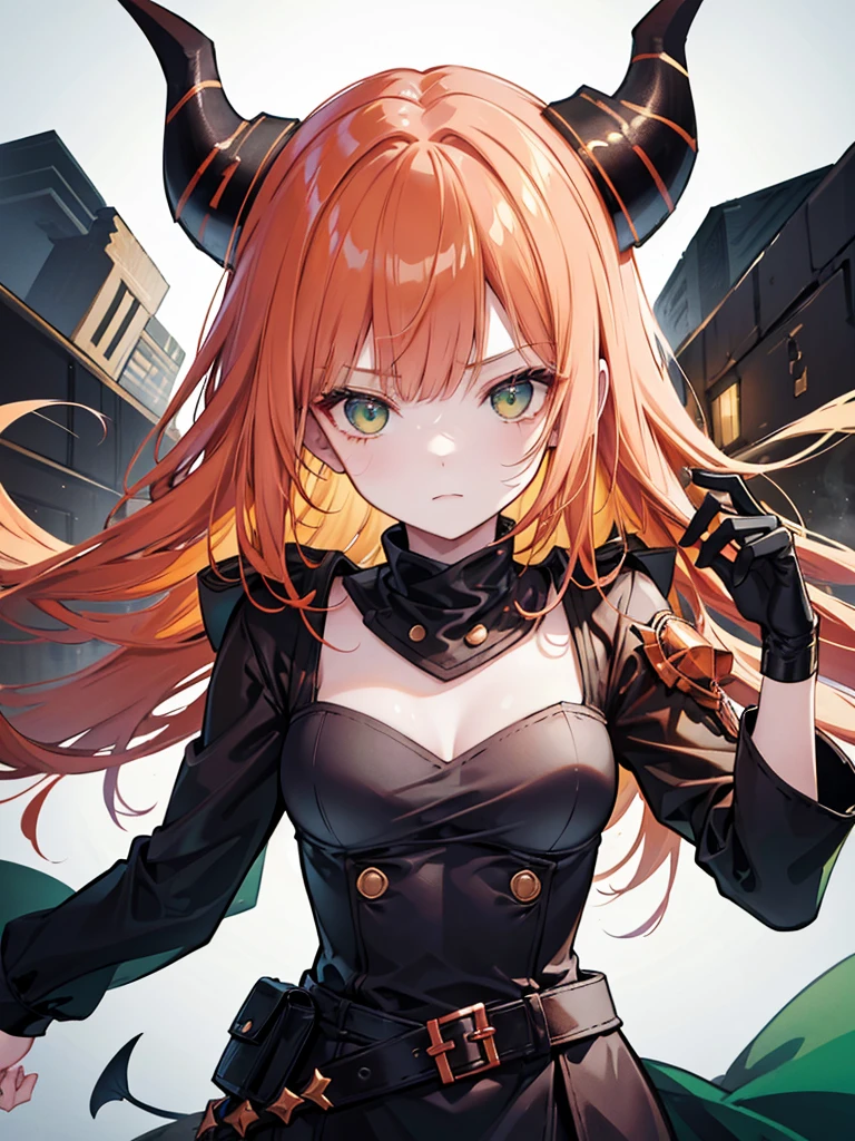 Girl with copper-amber hair, dark green eyes , simple sexy dark clothes, sly facial expression, , on the head there are black small demonic horns, average build , belt art , high detail studio light