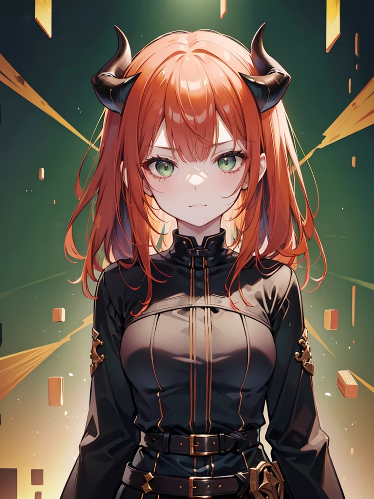 Girl with copper-amber hair, dark green eyes , simple sexy dark clothes, sly facial expression, , on the head there are black small demonic horns, average build , belt art , high detail studio light