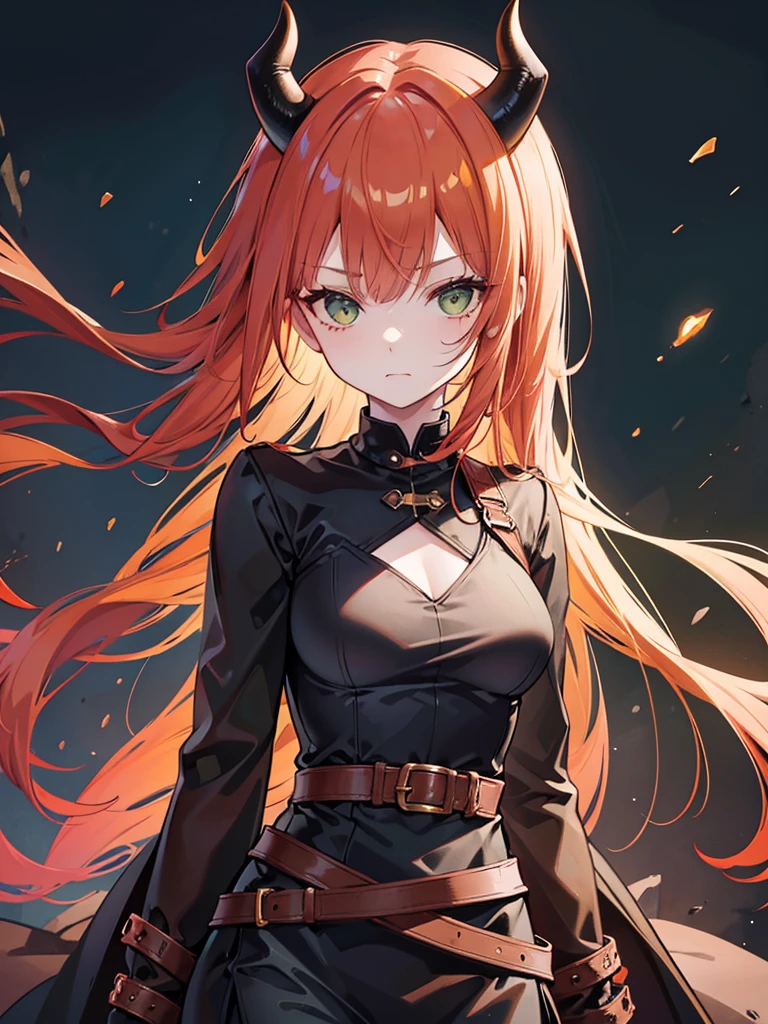 Girl with copper-amber hair, dark green eyes , simple sexy dark clothes, sly facial expression, , on the head there are black small demonic horns, average build , belt art , high detail studio light