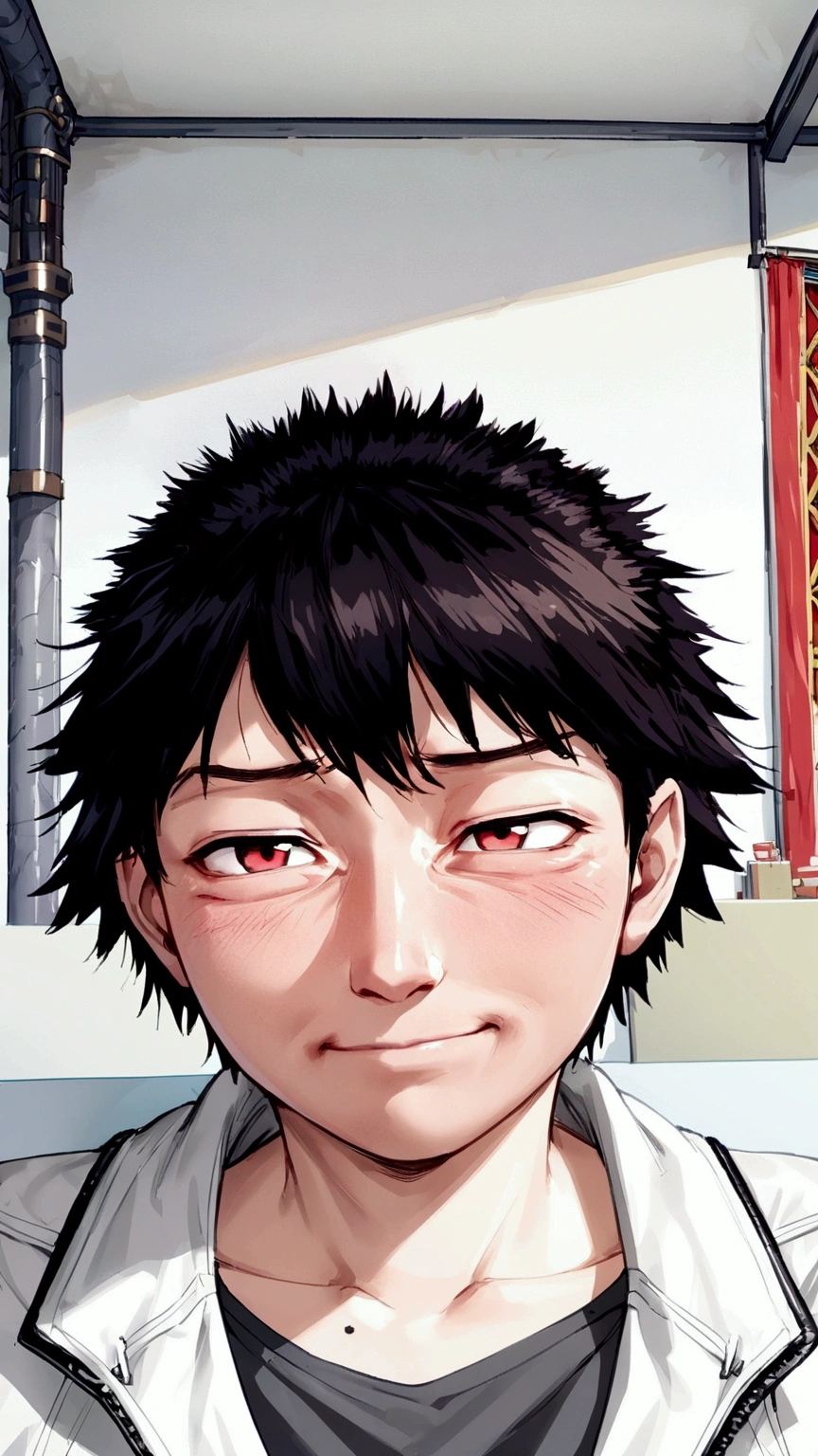 ((monsterhunter)), looking the viewer, solo, boy, shy, red cheek, bashful, embarrassed, smiling, happy, perfect face, beautiful eye, upper body