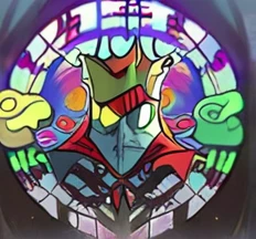 There is a king wearing a crown and he has glowing yellow eyes and he is also wearing a cape.