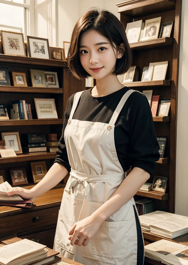 Diffuse lighting、 Highest quality, High resolution, unity 8k wallpaper、Supersaturation, Japanese、1 female、23 years old、Highest quality、8k、超High resolution、Clear photos、Professional Lighting、adult、Very short hair、smile、Ultra slim、Tight waist、Slender body、Medium Hair、Brown Hair、Bookstore clerk、Put on an apron、Many books、Bookshelf、magazine、Bookstore、I'm working、