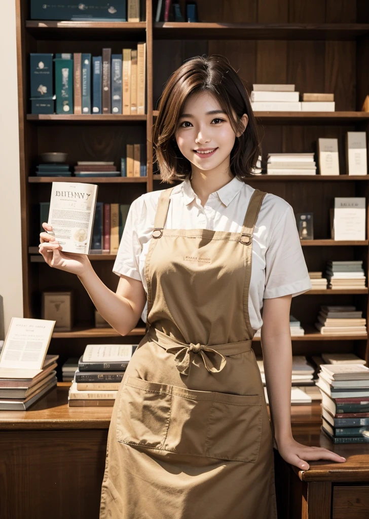Diffuse lighting、 Highest quality, High resolution, unity 8k wallpaper、Supersaturation, Japanese、1 female、23 years old、Highest quality、8k、超High resolution、Clear photos、Professional Lighting、adult、Very short hair、smile、Ultra slim、Tight waist、Slender body、Medium Hair、Brown Hair、Bookstore clerk、Put on an apron、Many books、Bookshelf、magazine、Bookstore、I'm working、