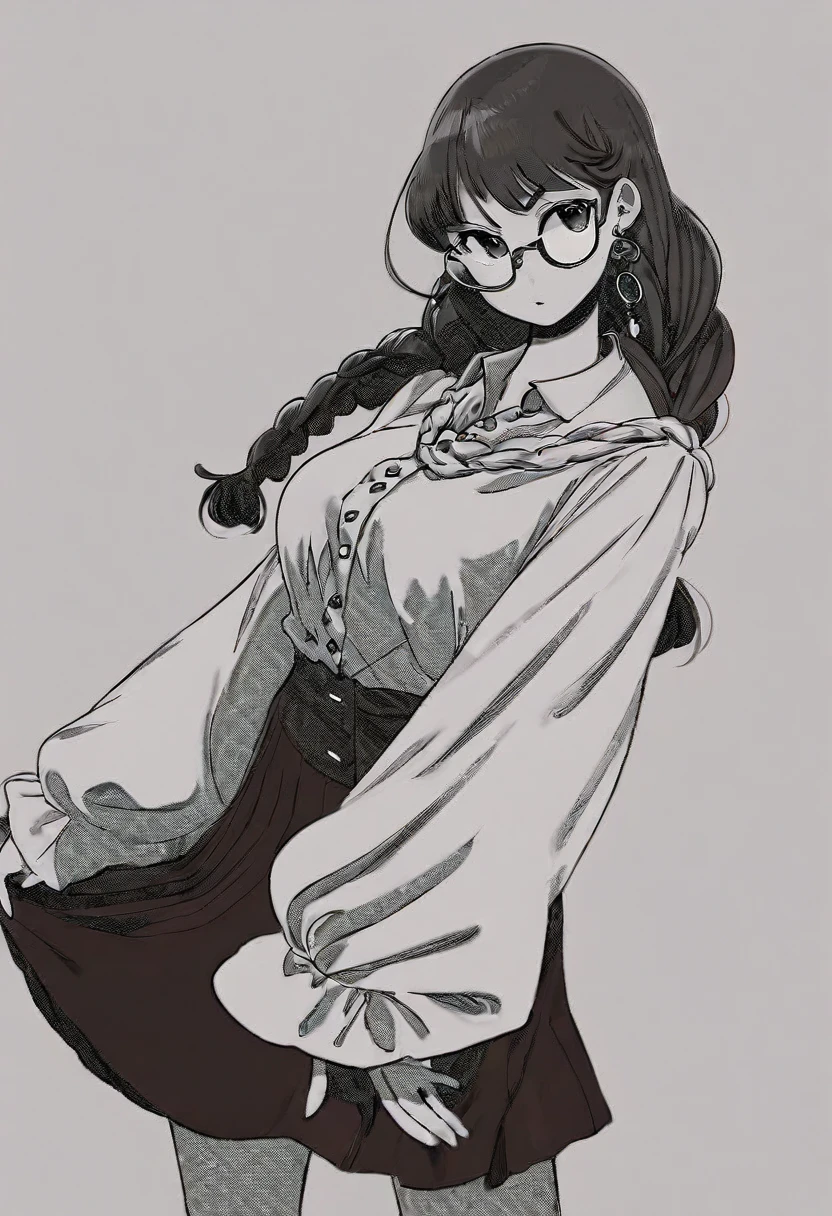 score_9, score_8_up, score_7_up, 1girl, sp1t, abundant detailed hatching shading, monochrome,best quality, high resolution, clean background, high contrast, 1 girl, monochrome, hyper detailed hatching shading, 1girl,solo,arms at sides,looking at viewer, standing,dark hair, braids,earrings,,glasses, collared shirt,long sleeves,black skirt, simple background, upper body,