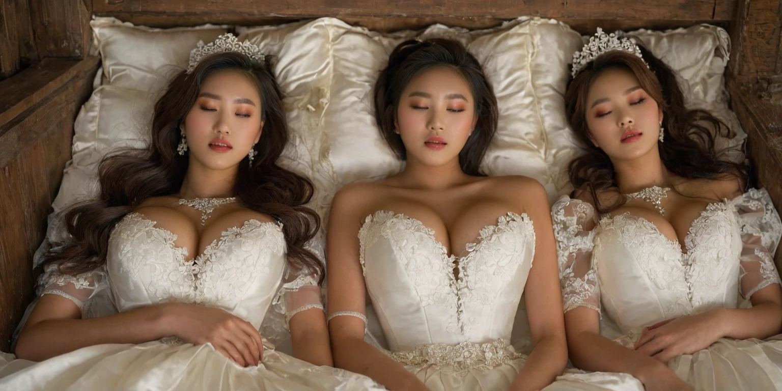 A provocative and sensual image unfolds before us. Two Korean girls, 22 years old, lie asleep in a deep, black coffin surrounded by plush pillows. They wear see-through wedding dresses with lace details, off-shoulder designs, sleeve, and huge skirts that cascade around their bodies. The dresses are cut low to showcase their beautiful breasts, fixed with a subtle cleavage cutout. Their faces are flawless, with perfect eyebrows, eyelashes, and skin tone. One girl's hair is styled in a ponytail with bangs framing her face, while the other has a bun adorned with wisps of hair framing her closed eyes. The overall atmosphere is one of intimacy and sensuality, with saturated colors enhancing the mood. Note the visible breasts and perfectly manicured hands that peek out from beneath the skirts, which are strategically covered to conceal their legs, ba11g0wn 