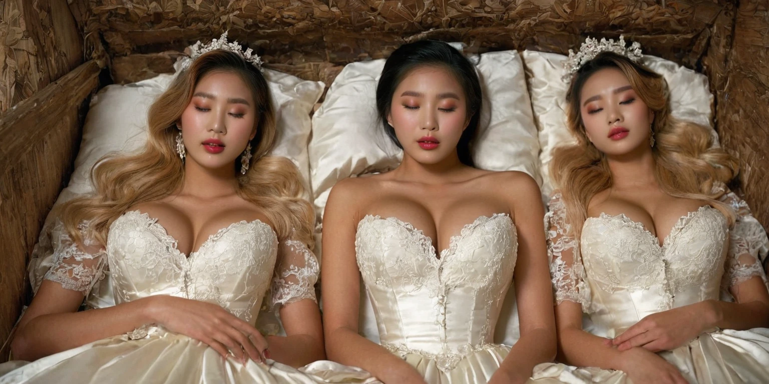 A provocative and sensual image unfolds before us. Two Korean girls, 22 years old, lie asleep in a deep, black coffin surrounded by plush pillows. They wear see-through wedding dresses with lace details, off-shoulder designs, sleeve, and huge skirts that cascade around their bodies. The dresses are cut low to showcase their beautiful breasts, fixed with a subtle cleavage cutout. Their faces are flawless, with perfect eyebrows, eyelashes, and skin tone. One girl's hair is styled in a ponytail with bangs framing her face, while the other has a bun adorned with wisps of hair framing her closed eyes. The overall atmosphere is one of intimacy and sensuality, with saturated colors enhancing the mood. Note the visible breasts and perfectly manicured hands that peek out from beneath the skirts, which are strategically covered to conceal their legs, ba11g0wn 