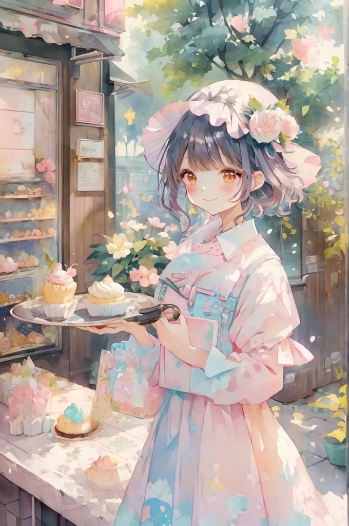 anime smiling girl in a pink dress holding a tray of cupcakes, lofi girl, guweiz, guweiz on pixiv artstation, artwork in the style of guweiz, anime visual of a cute girl, mysterious coffee shop girl, anime aesthetic, guweiz on artstation pixiv, lofi portrait, lofi girl aesthetic