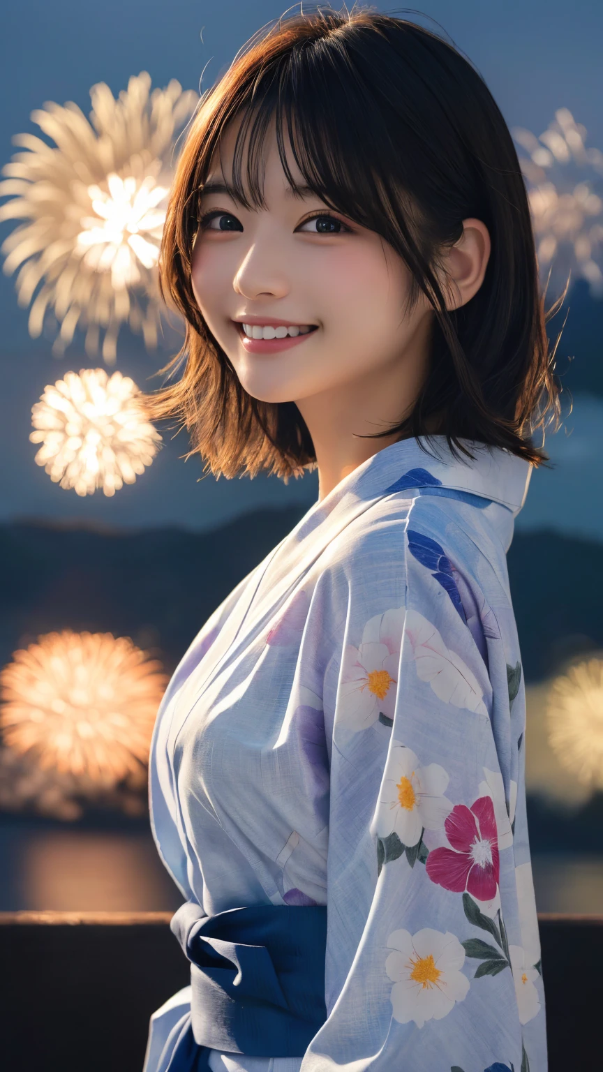 masterpiece, best quality, illustration, ultra-detailed, finely detail, highres, 8k wallpaper, perfect dynamic composition, beautiful detailed eyes, Yukata, firework festival, smile face