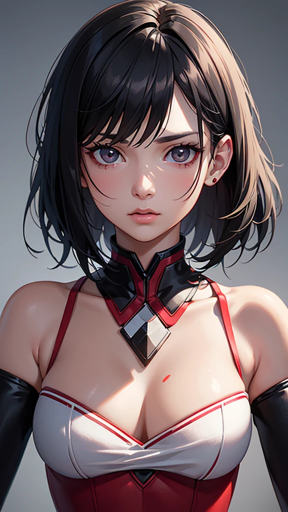 serious teenage girl with short messy black hair, white eyes, a scar on one eye, tanned skin, dressed in stylish red and black clothes, attractive body, dark and cold expression, detailed portrait, 8k, photographic (best quality) . ,4k,8k,high resolution,masterpiece:1.2),ultra detailed,(realistic,photorealistic,photorealistic:1.37),vivid colors,sharp focus,physically based rendering,extreme details,professional