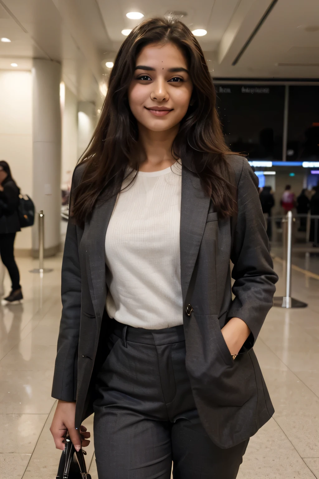((best quality)), ((masterpiece)), (detailed),
A 21 year old beautiful Indian girl with long hair smiling face beautiful eyes wearing suit coat pant dark standing in a airport