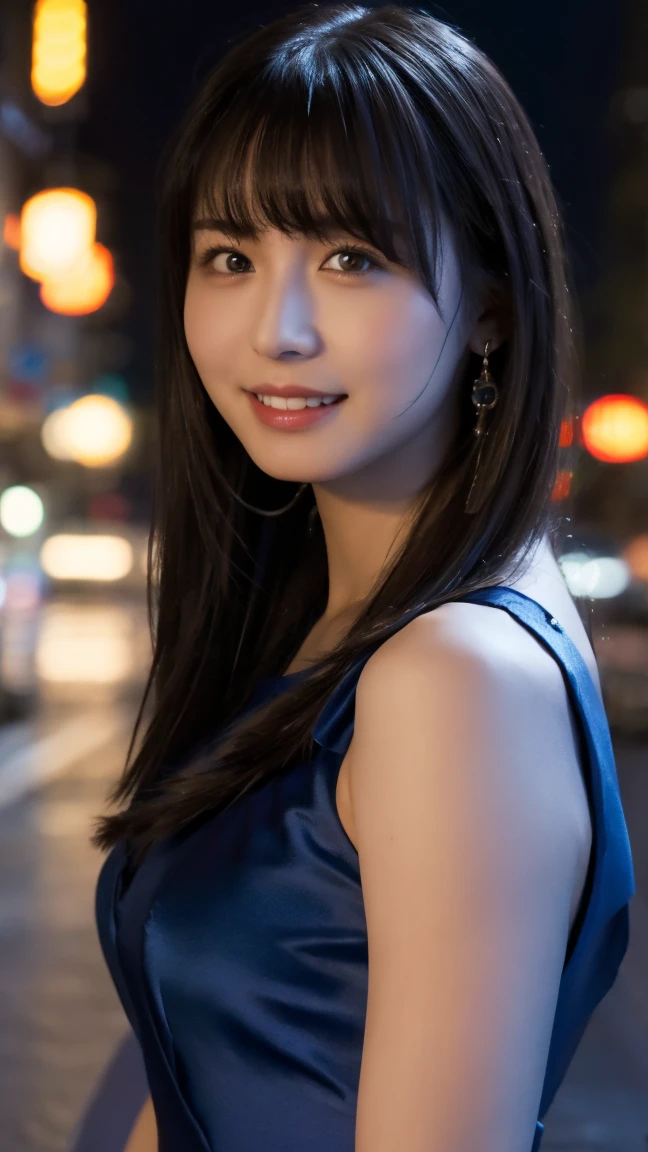 One girl,(Wearing a blue evening dress:1.2),(RAW Photos, Highest quality), (Realistic, photo-Realistic:1.4), masterpiece, Very delicate and beautiful, Very detailed, 2k wallpaper, wonderful, In detail, Very detailed CG unity 8k wallpaper, Very detailed, High resolution, Soft Light, Beautiful detailed girl, Very detailed eyes and face, Beautifully detailed nose, Beautiful attention to detail,Cinema Lighting,City lights at night,Perfect Anatomy,Slender body,A light smile,close,(Long hair with bangs), Large Breasts