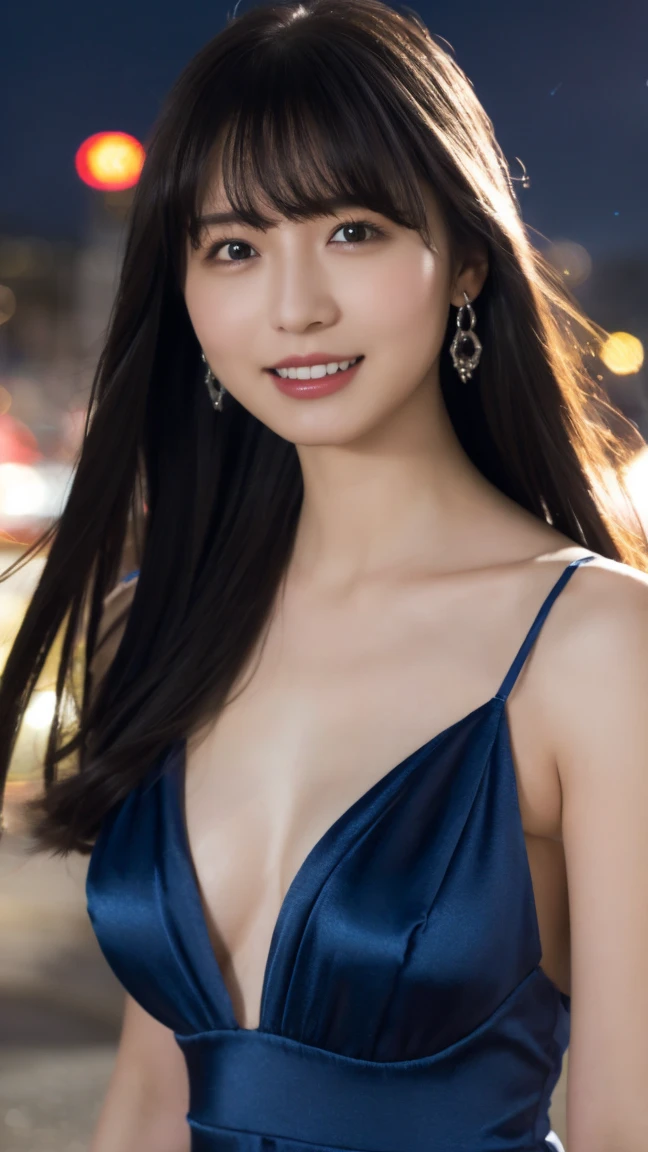 One girl,(Wearing a blue evening dress:1.2),(RAW Photos, Highest quality), (Realistic, photo-Realistic:1.4), masterpiece, Very delicate and beautiful, Very detailed, 2k wallpaper, wonderful, In detail, Very detailed CG unity 8k wallpaper, Very detailed, High resolution, Soft Light, Beautiful detailed girl, Very detailed eyes and face, Beautifully detailed nose, Beautiful attention to detail,Cinema Lighting,City lights at night,Perfect Anatomy,Slender body,A light smile,close,(Long hair with bangs), Large Breasts