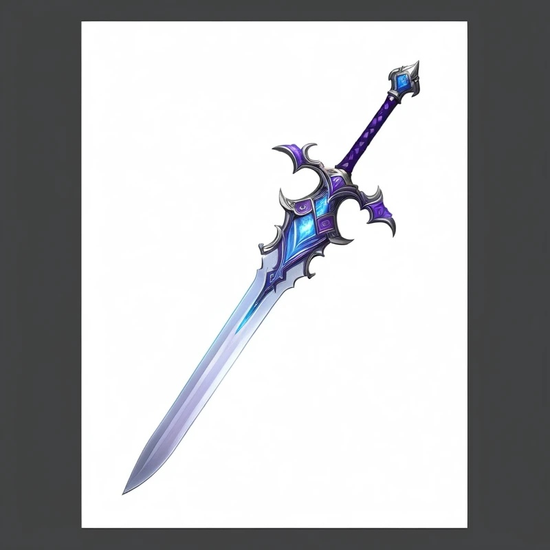 Close up of a sword with purple and blue patterns, Fantasy Sword, Sword Design, Magic Sword, Fantasy Blade, Shining Sword, Great Sword, Great Sword, Beautiful sword, Fantasy weapons, Fantasy RPG Weapon Art, 巨大的超Great Sword, Great Sword, epic Fantasy weapons art, Role Playing Game Items, Magic Sword, Fantasy Sword of warrior, Glowing sword