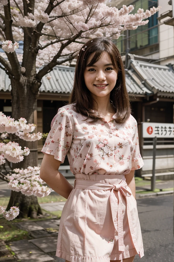 retro photography, 1960s , AGFA, Kodak, 1girl, portrait, looking_at_viewer, smile, japan, tokyo, cherry blossom, octane render, solo, rtrophto1