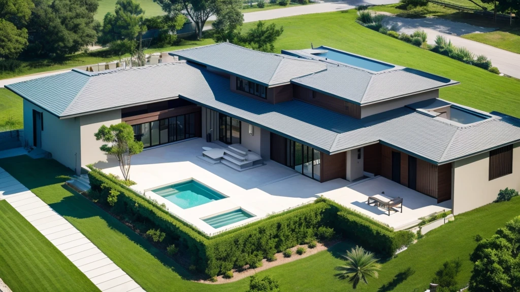 A long, luxurious one-story modern house., Looks like a bungalow, curved,It looks like a room.,medium sized back,beautiful,On the dark green grass,Shady atmosphere,,Daytime,Photo taken from a high angle, Metal roof