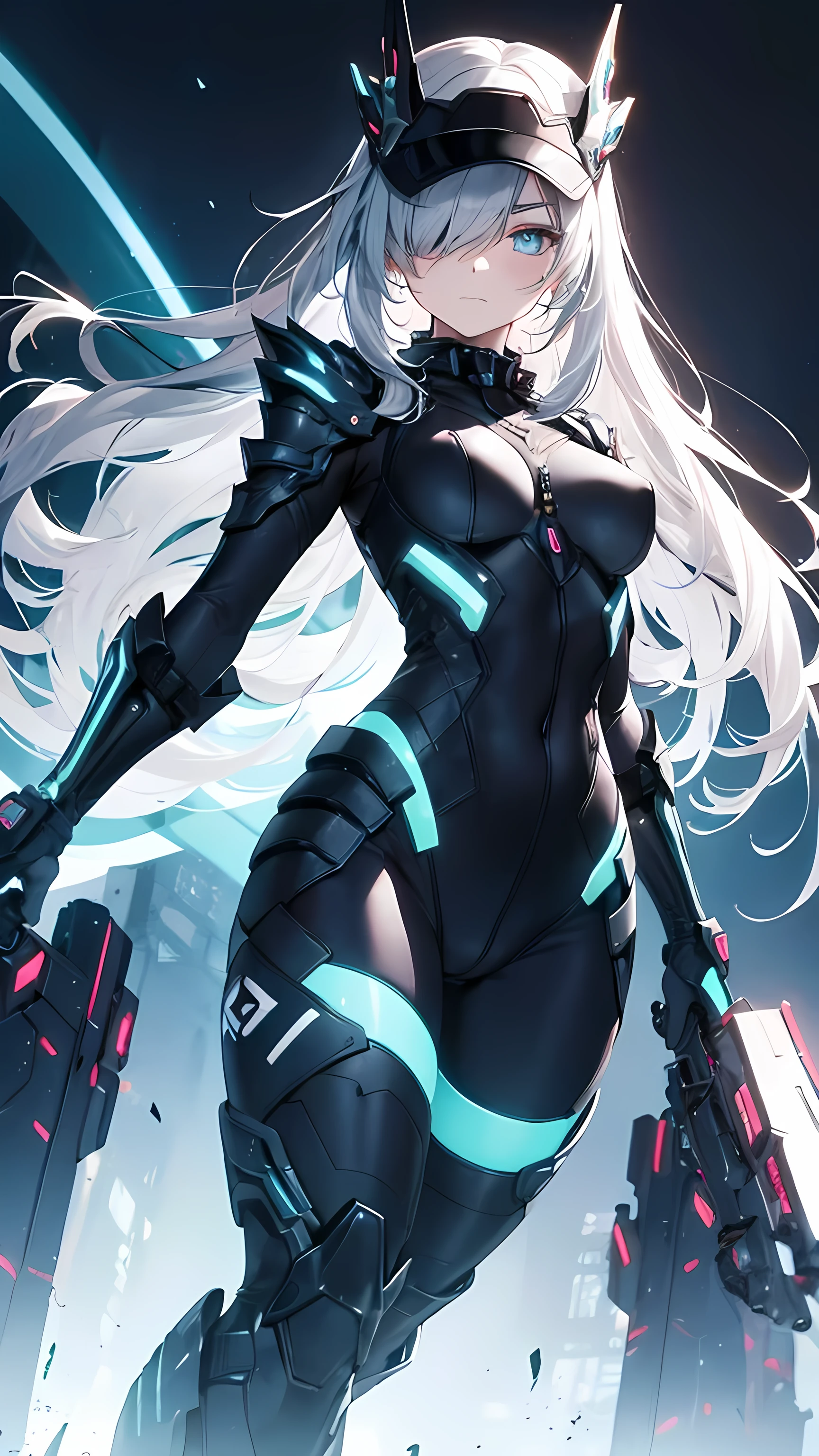 A 15-year-old beautiful girl with cyan-colored eyes and silver hair, short in height, with a slightly angry expression. She is wearing heavy, futuristic armor-like gear with metallic shoulder pads, a sleek bodysuit with neon blue accents, and a high-tech visor over one eye. She stands outdoors at night, in a dimly lit urban environment. The vivid fluorescent colors of her gear stand out against the dark backdrop. She strikes a cool, confident pose, fully visible from head to toe