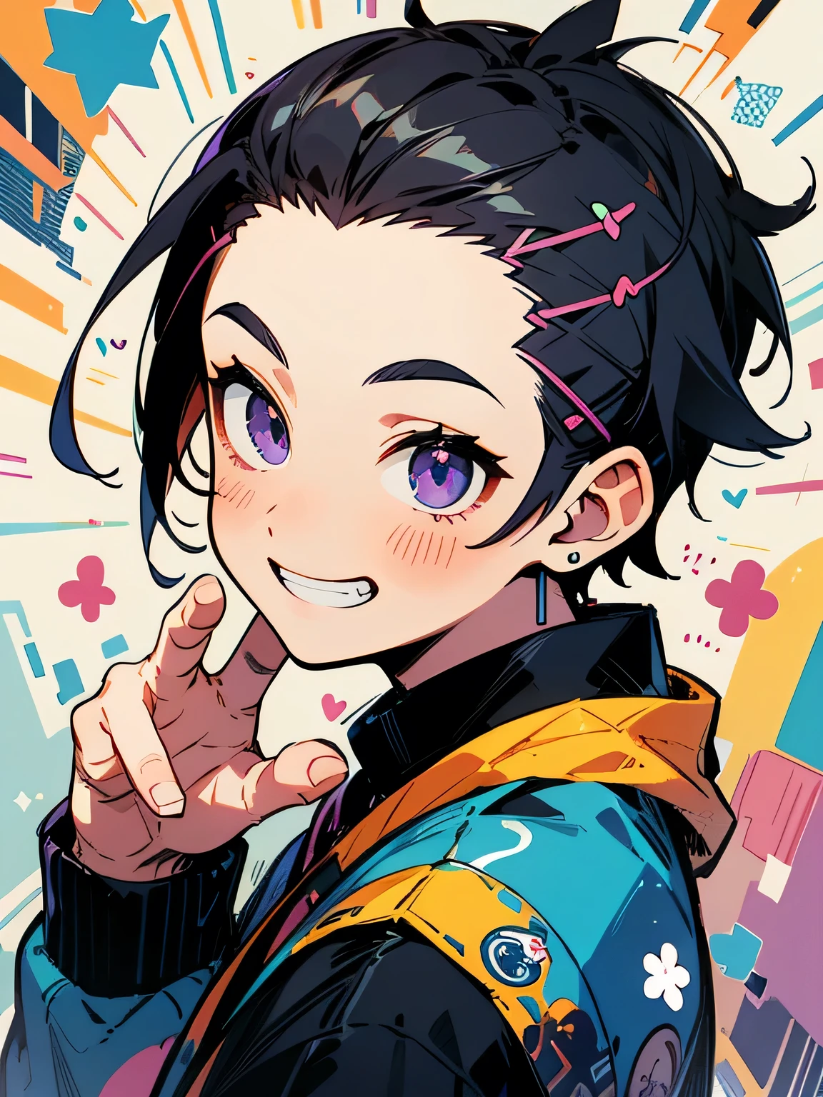 sideview,(chibi),solo1man,purple buzz cut,big forehead,male's eyes, male's nose, male's mouth,handsome face, manly, grin,black pattern clothe,(model pose:1.2),Thinking gesture,